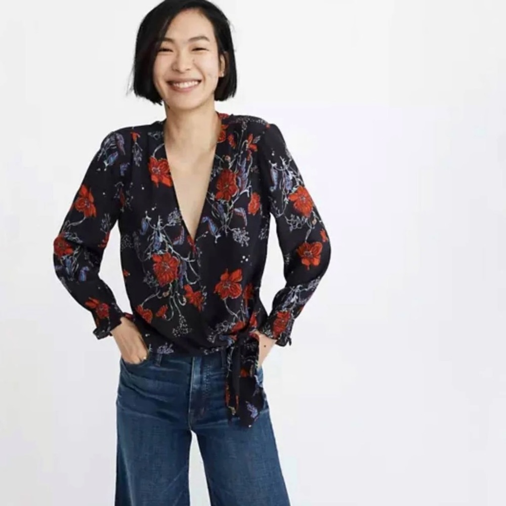 SOLD - Madewell Silk Smocked-Sleeve Wrap Top Floral S